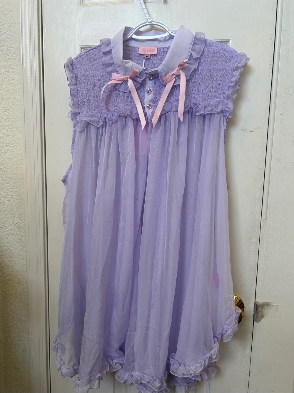 My Violet Brand New Lavender Ruffled Chiffon Peignoir with Pink Ribbon